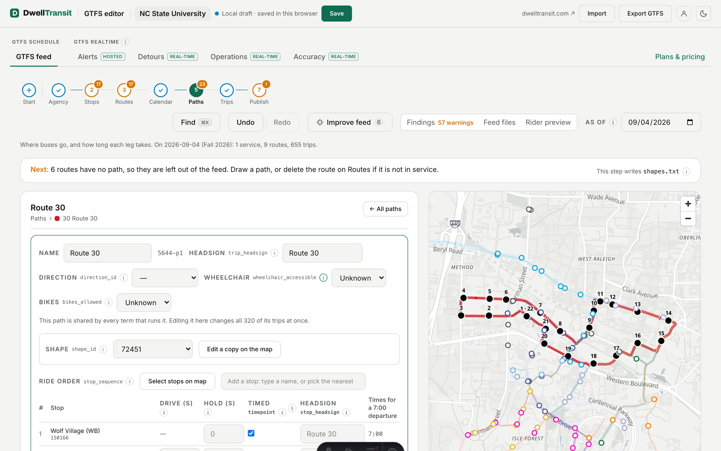 The GTFS editor on the Paths step: a route's ride order with a drive time for each leg, beside the map that draws the path.