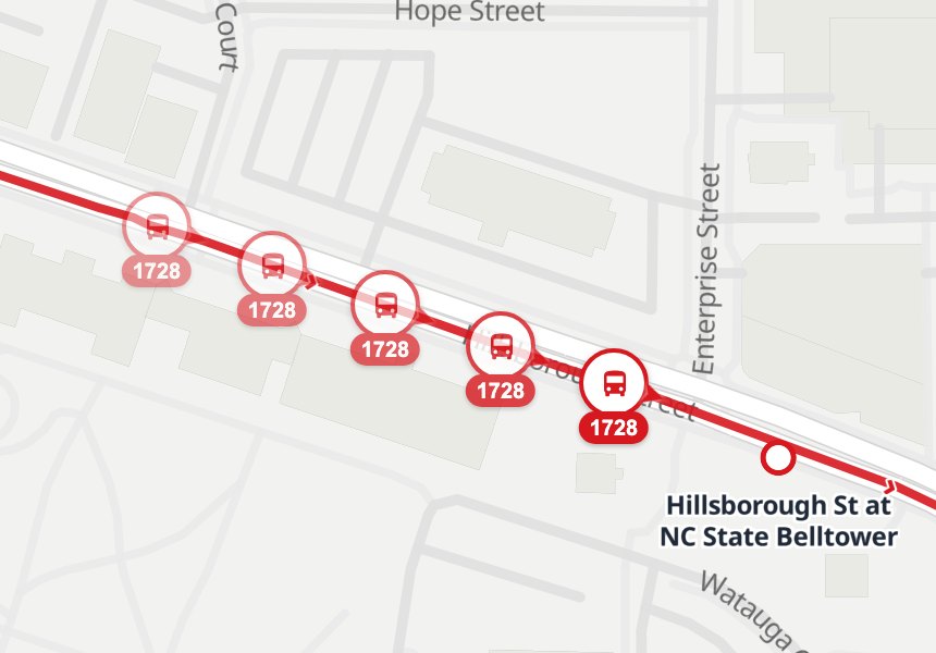 The same map and the same five bus positions, each now placed on Route 30's line, heading for the Belltower stop.