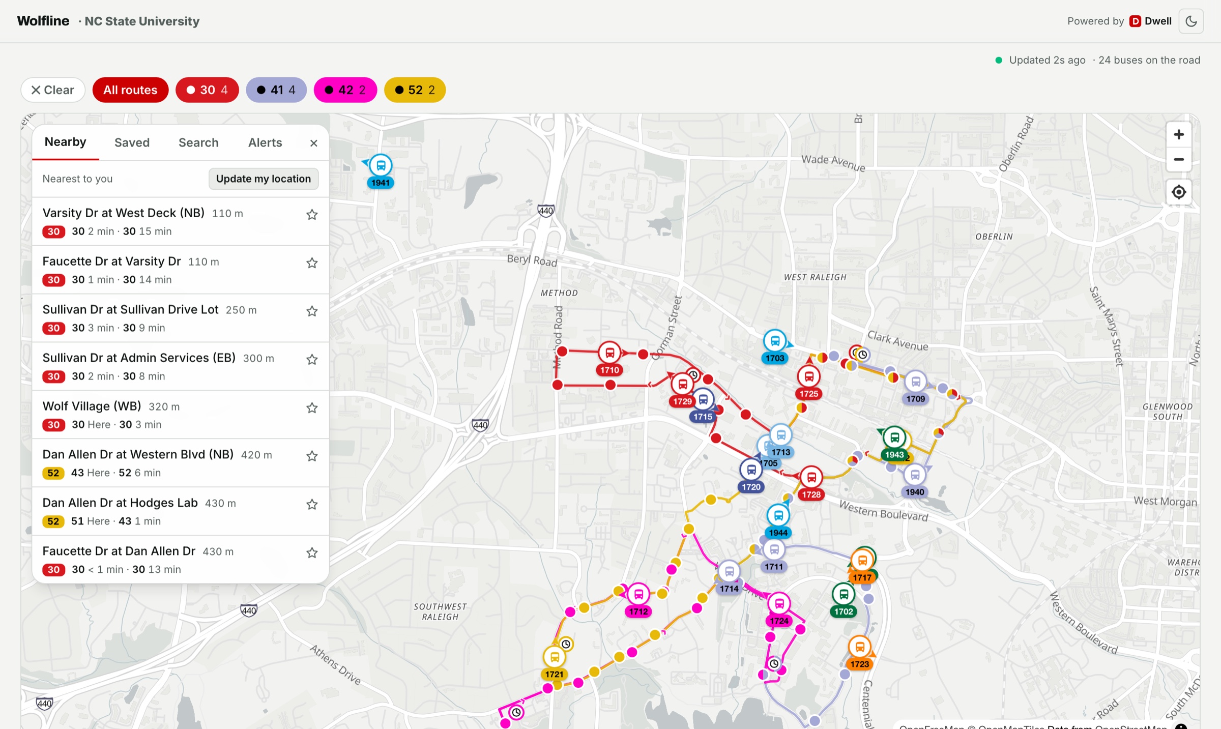 The live web map for Wolfline: buses and stops on the map with a panel of the nearest stops and their next arrivals.